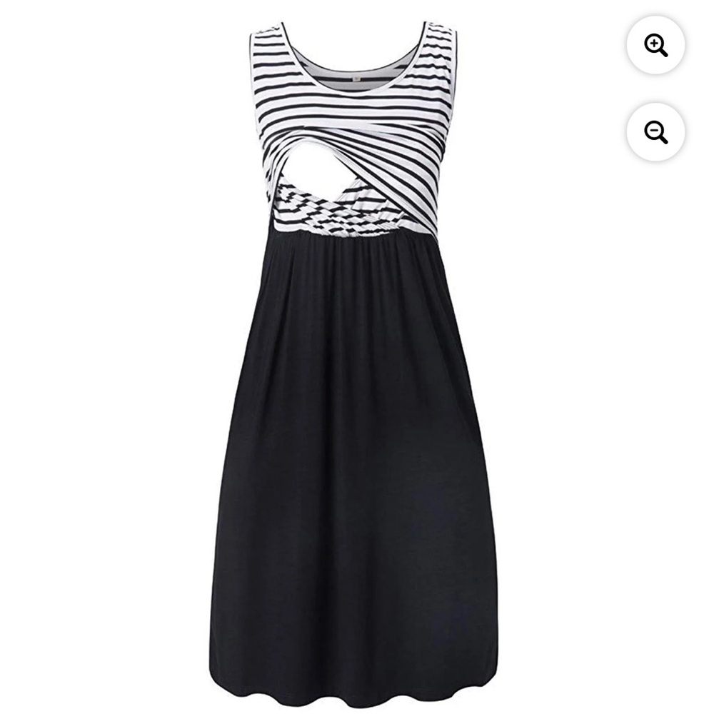 black and white striped sleeveless nursing dress with pockets